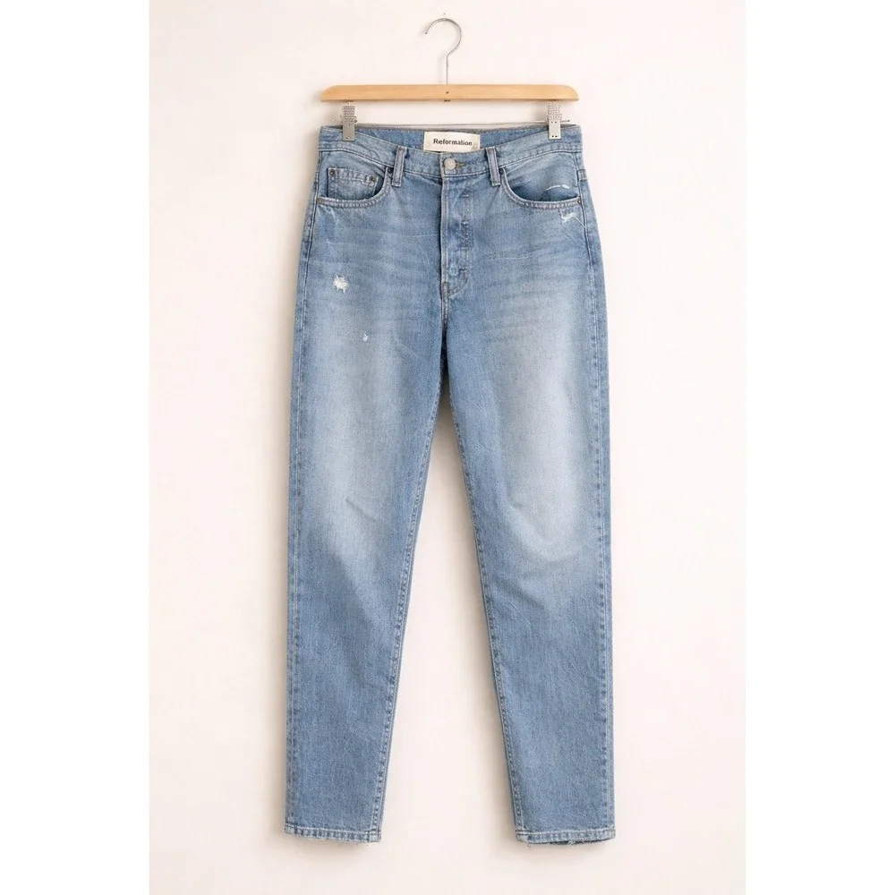Reformation High Rise Straight Leg Jeans Light‎ Wash Blue Distressed Button Fly